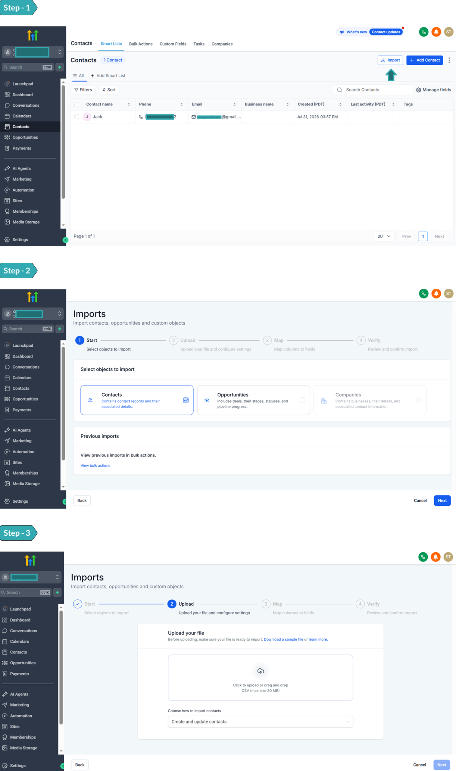 upload CSV file for Contacts